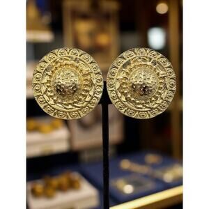 Vintage Etruscan Revival Gold Plated Medallion Clip On Earrings